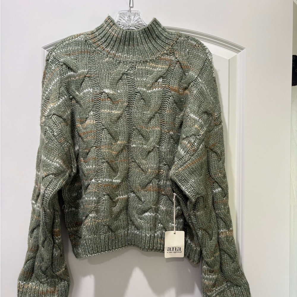 a.n.a Cable-Knit Mock Neck Sweater in Sage with Multicolor Flecks